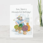 Birthday Card for a Son - Gardening Kaart<br><div class="desc">Een Birthday-kaart voor een zoon,  met een man dat zijn planten leuk vindt,  op basis van een waterverf van Judy Adamson. Gelieve te voelen vrij om de binnentekst uit te geven of te schrappen en om en veranderingen in de voordektekst door mijn opslag aan te vragen.</div>