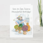 Birthday Card for a Son-in-law - Gardening Kaart<br><div class="desc">Een Birthday-kaart voor een schoonzoon,  met een man die zijn planten leuk vindt,  uit een waterverf van Judy Adamson. Gelieve te voelen vrij om de binnentekst uit te geven of te schrappen en om en veranderingen in de voordektekst door mijn opslag aan te vragen.</div>