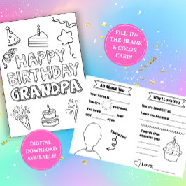 Birthday Card for Grandpa: Kids Coloring Activity Kaart