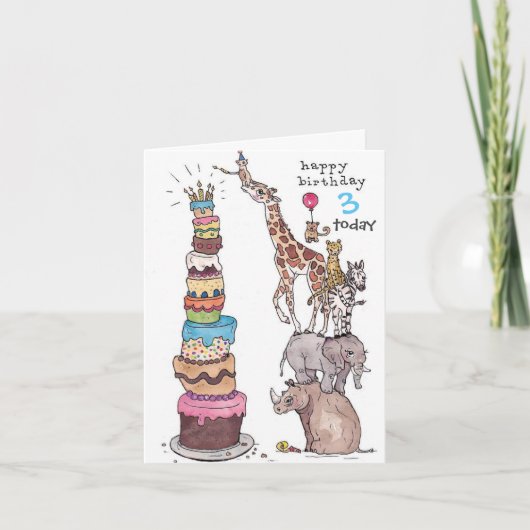 Birthday Card - Safari Animals Tall Cake Kaart (Voorkant)