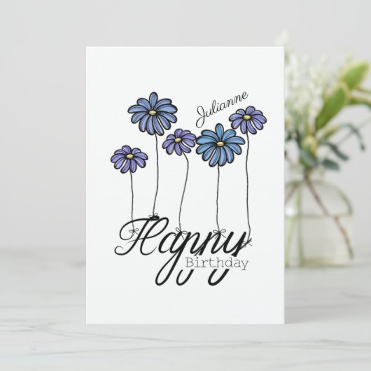 Birthday Card w Blue Flower Balloons and Name Kaart (Staand voorkant)