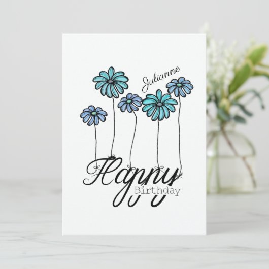 Birthday Card w L. Blue Flower Balloons and Name Kaart (Staand voorkant)