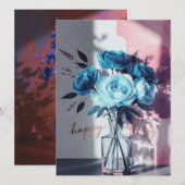 birthday cards blue modern flowers pink watercolor (Voorkant / Achterkant)