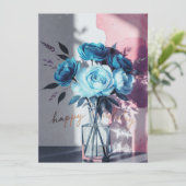 birthday cards blue modern flowers pink watercolor (Staand voorkant)