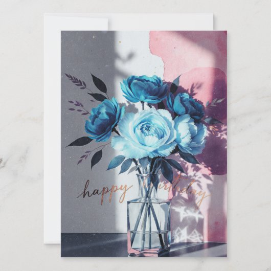 birthday cards blue modern flowers pink watercolor (Voorkant)