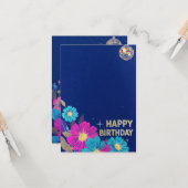 birthday cards blue modern flowers retro kaart (Voorkant / Achterkant in situ)
