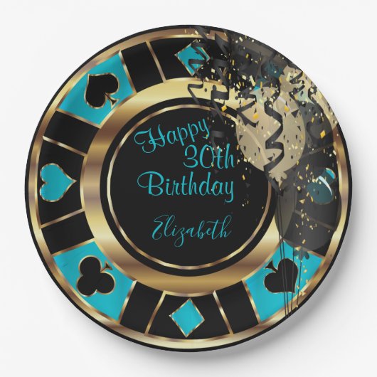 Birthday Casino Poker Chip - Blauwgroen Papieren Bordje (Voorkant)