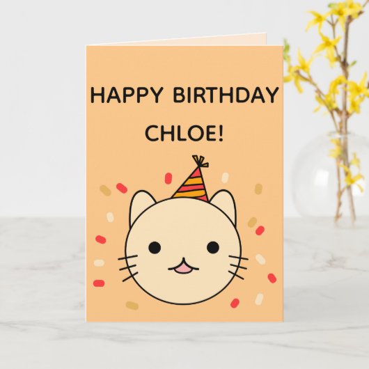 Birthday Cat | Beige Cat Happy Birthday gevouwen Kaart (Gele Bloem)