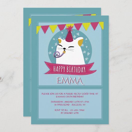 Birthday Cat Invitation Kaart (Voorkant / Achterkant)