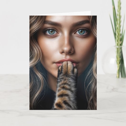 Birthday Cat Paw On Woman's Lips Kaart (Voorkant)