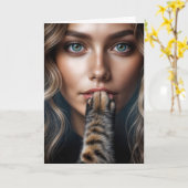 Birthday Cat Paw On Woman's Lips Kaart (Gele Bloem)