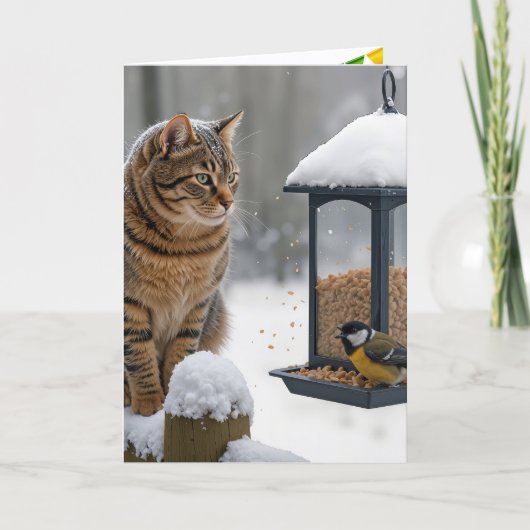 Birthday Cat Watching a Bird On a Feeder Kaart (Voorkant)