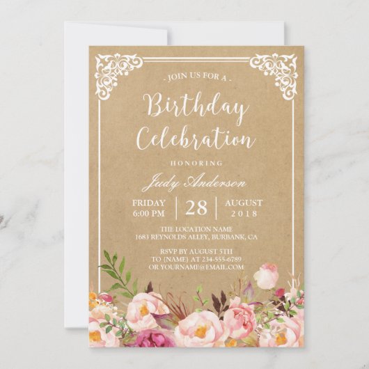 Birthday Celebration | Rustige Floral Lijst Kraft Kaart (Voorkant)