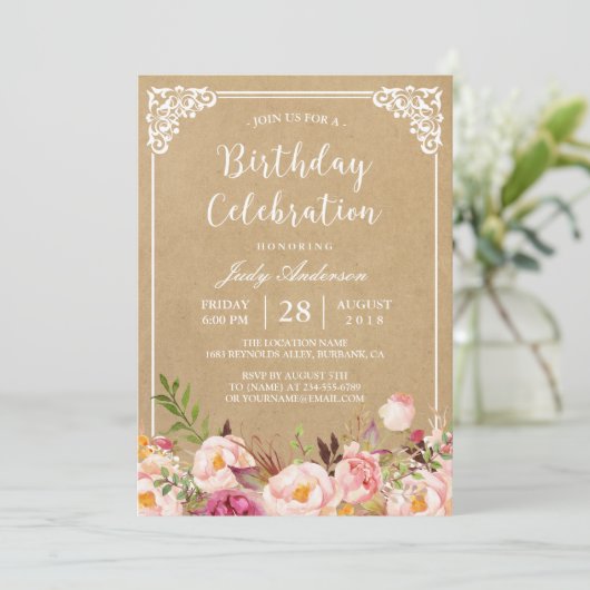 Birthday Celebration | Rustige Floral Lijst Kraft Kaart (Staand voorkant)