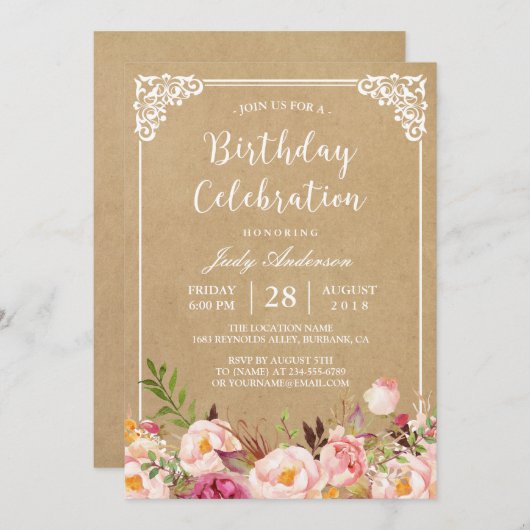 Birthday Celebration | Rustige Floral Lijst Kraft Kaart (Voorkant / Achterkant)