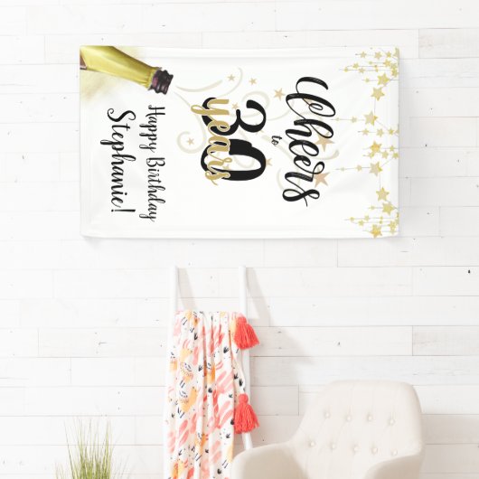 'Birthday CHEERS' NAAR # YEARS Black Gold Script Spandoek (Insitu)