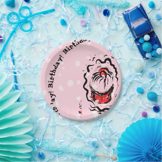 Birthday Cherry Cupcake Doodle op roze Papieren Bordje (Feest)