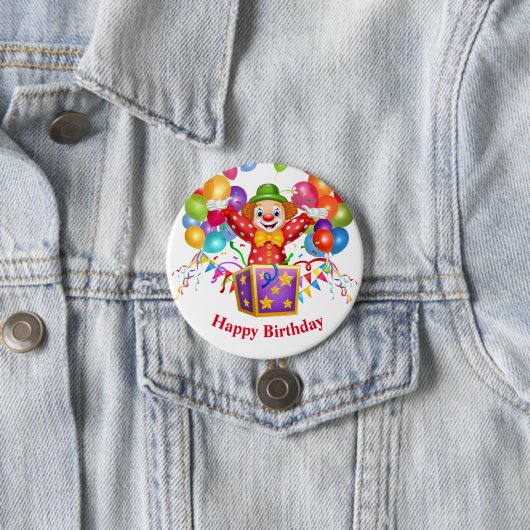 Birthday Clown Button Pin (In situ)