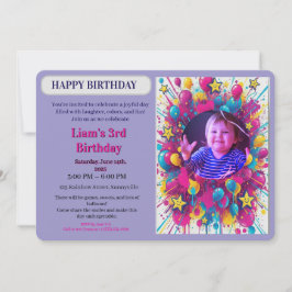  Birthday Colorful Photo Balloon Party Invitation Kaart