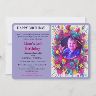  Birthday Colorful Photo Balloon Party Invitation Kaart