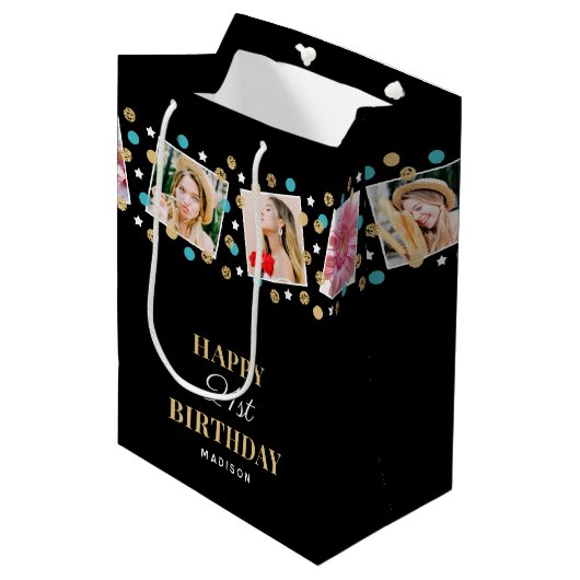 Birthday Confetti Aangepaste naam Foto Collage Bla Medium Cadeauzakje (Voorkant Gekanteld)
