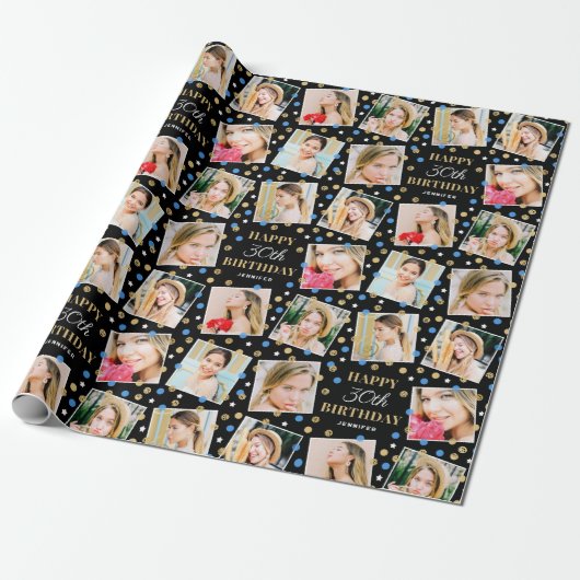 Birthday Confetti Aangepaste naam Foto Collage Blu Cadeaupapier (Uitgerold)