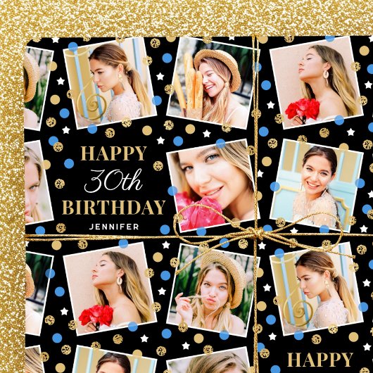 Birthday Confetti Aangepaste naam Foto Collage Blu Cadeaupapier