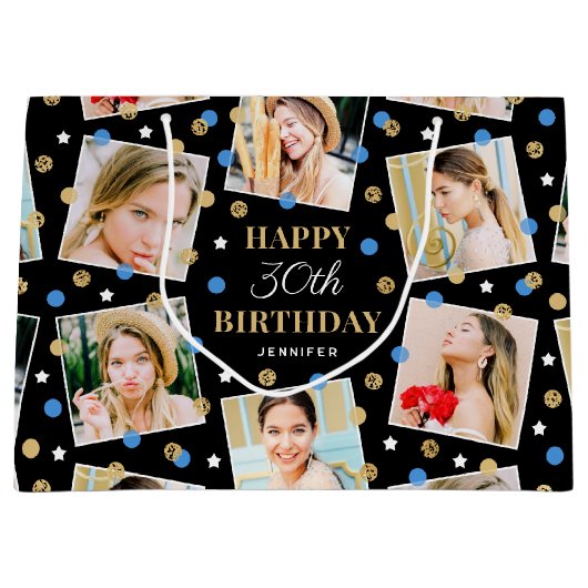 Birthday Confetti Aangepaste naam Foto Collage Blu Groot Cadeauzakje (Voorkant)