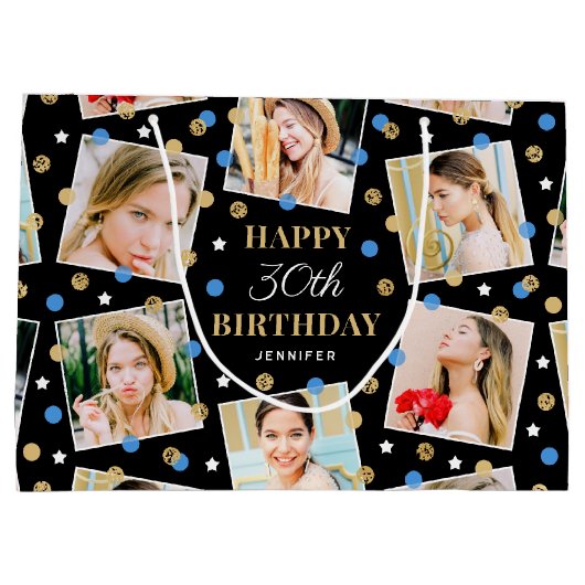 Birthday Confetti Aangepaste naam Foto Collage Blu Groot Cadeauzakje (Achterkant)