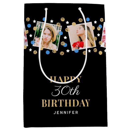 Birthday Confetti Aangepaste naam Foto Collage Blu Medium Cadeauzakje (Voorkant)