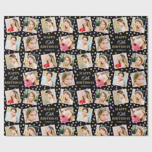 Birthday Confetti Aangepaste naam Foto Collage Paa Cadeaupapier (Vlak)