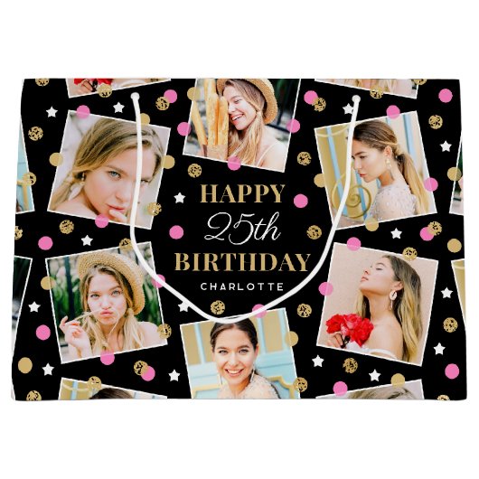 Birthday Confetti Aangepaste naam Foto Collage Pin Groot Cadeauzakje (Voorkant)