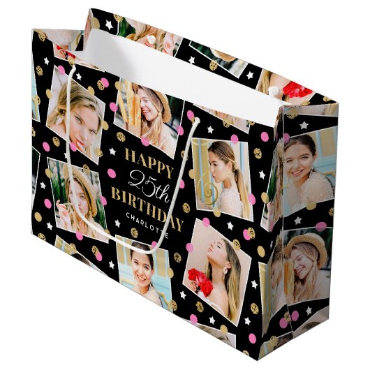 Birthday Confetti Aangepaste naam Foto Collage Pin Groot Cadeauzakje (Voorkant Gekanteld)