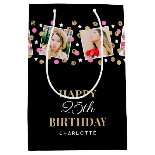 Birthday Confetti Aangepaste naam Foto Collage Pin Medium Cadeauzakje (Voorkant)