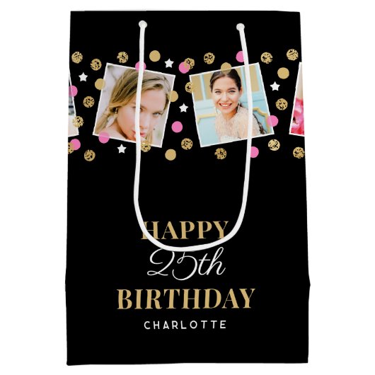 Birthday Confetti Aangepaste naam Foto Collage Pin Medium Cadeauzakje (Achterkant)