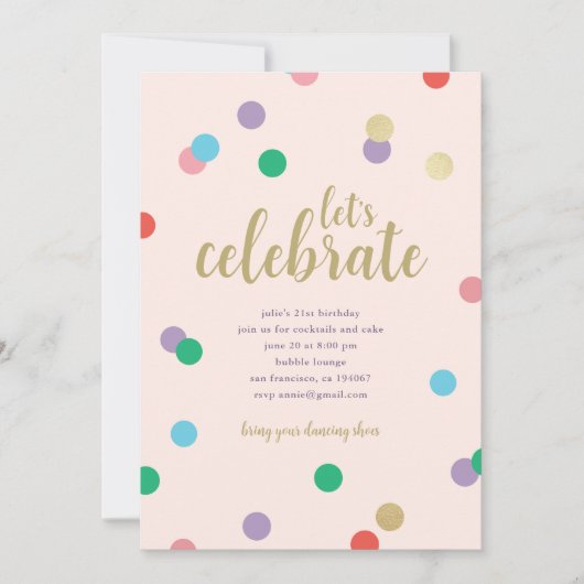 Birthday Confetti Peachy Pink Party Invite Kaart (Voorkant)