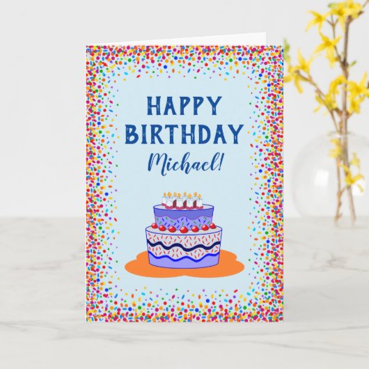 Birthday Cool Blue Cake Colorful Confetti Kaart (Gele Bloem)