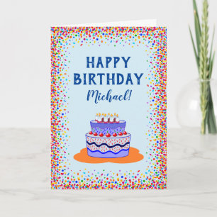 Birthday Cool Blue Cake Colorful Confetti Kaart