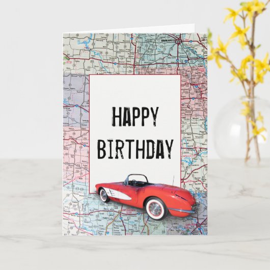 Birthday  Corvette op Road Map Kaart (Gele Bloem)