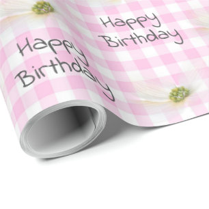 Birthday Cosmos Flowers op Roze Gingham Cadeaupapier