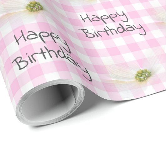 Birthday Cosmos Flowers op Roze Gingham Cadeaupapier (Rol Hoek)