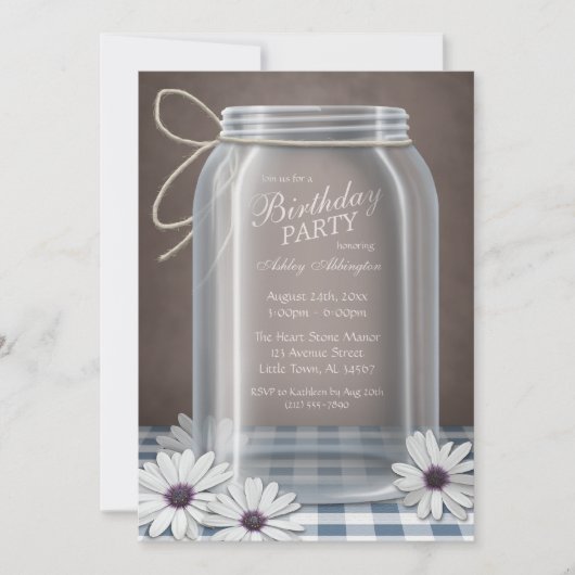 Birthday Country Mason Jar Blue Gingham Party Kaart (Voorkant)