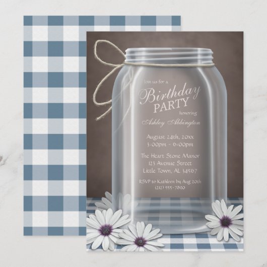 Birthday Country Mason Jar Blue Gingham Party Kaart (Voorkant / Achterkant)