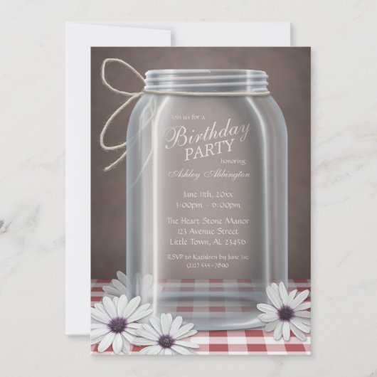 Birthday Country Mason Jar Red Gingham Party Kaart (Voorkant)