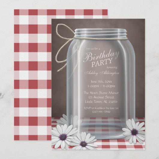 Birthday Country Mason Jar Red Gingham Party Kaart (Voorkant / Achterkant)