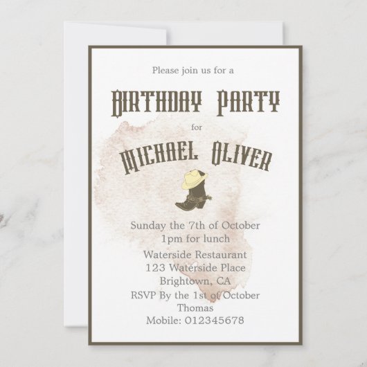 Birthday Cowboy Male Party Invitation Kaart (Achterkant)