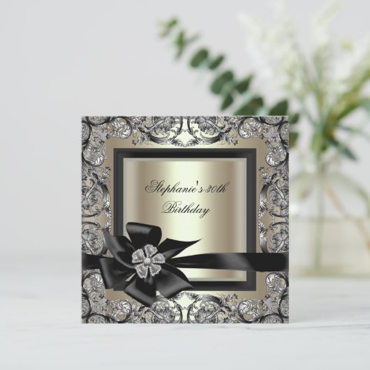 Birthday Cream Mint Gold Silver Black Bow 2 Kaart (Staand voorkant)