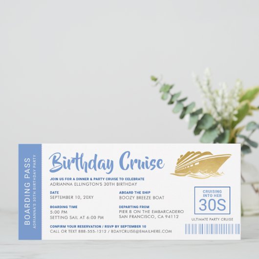 Birthday Cruise Boarding Pass Invite Blue Gold (Staand voorkant)