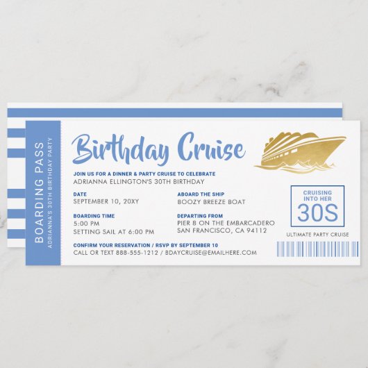 Birthday Cruise Boarding Pass Invite Blue Gold (Voorkant / Achterkant)