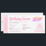 Birthday Cruise ticket instapkaart Kaart<br><div class="desc">Personaliseer uw eigen cruise ticket instapkaart uitnodiging voor een diner cruise of zonsondergang drank cruise aan boord van een gecharterde boot of jacht met onze eenvoudig te bewerken sjabloon getoond in roos goud, koraal roze, blush, en ombre kleuren met een nautische streep ontwerp op de achterkant en eenvoudige traditionele ticket-stijl...</div>